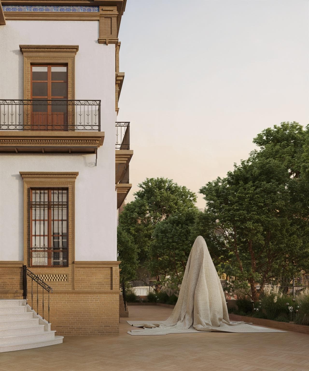 Fachada lateral · Jardín — Atardecer en Sevilla